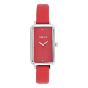 Silver coloured OOZOO watch with red leather strap - C11532