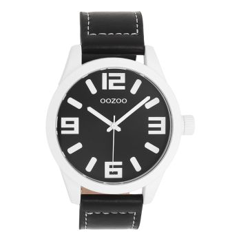 Silver coloured OOZOO watch with Black leather strap