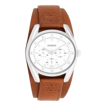 Silver coloured OOZOO watch with brown leather strap