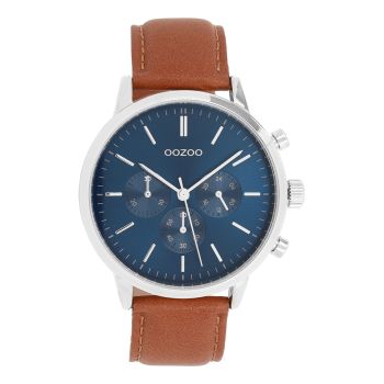 Silver coloured OOZOO watch with brown leather strap