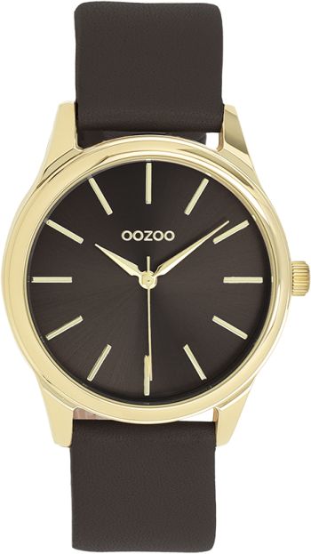 Gold coloured OOZOO watch with dark brown leather strap - C11678