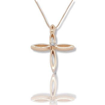 Σταυρός (με αλυσίδα) απο ροζ χρυσό κ14 με διαμάντι στο κέντρο καρφωμένο σε καστόνι (code P2360)