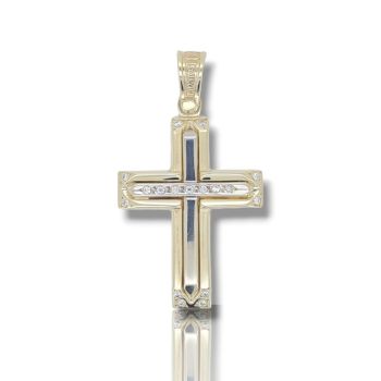 Croce in oro giallo k14 con croce in oro bianco e zirconi cubici (code H1852)