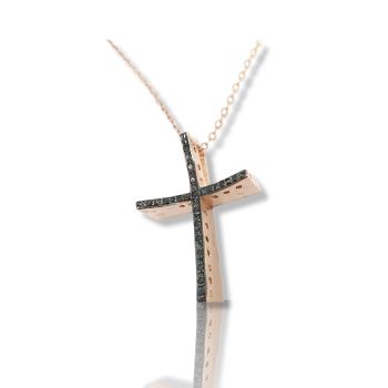 Croce (con catena) in oro Rosa k14 con zirconi cubici neri (code TS2041) 