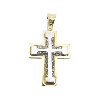 Croce in oro Giallo e oro Bianco k14 con zirconi cubici (code H2128)