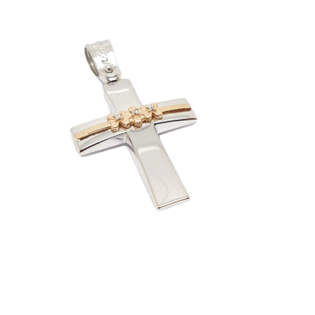 Croce in oro bianco k14 con fiori in oro rosa k14 (code AL1840)