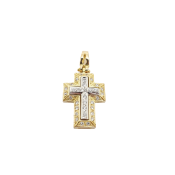 Croce in oro giallo k14 con croce in oro bianco k14 e zirconi cubici  (code H1849)