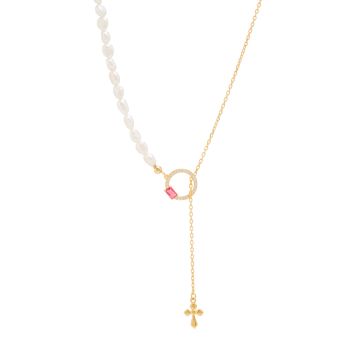Κολιέ επιχρυσωμένο με πέρλες και ζιργκόν, με σταυρό (code BEN391/CZR)