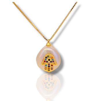  Κολιέ Μαργαριτάρι επίχρυσο, με πολύχρωμο χέρι Fatima (code:FC006410)