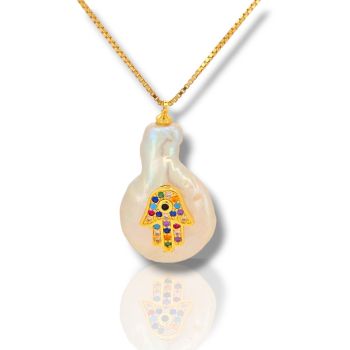  Κολιέ Μαργαριτάρι επίχρυσο, με πολύχρωμο χέρι Fatima (code:FC006412)