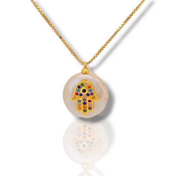 Κολιέ Μαργαριτάρι επίχρυσο, με πολύχρωμο χέρι Fatima (code:FC006411)