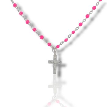 Ροζάριο απο ασήμι 925° επιπλατινωμένο με συνθετικές φούξια πέτρες (code FC10003)