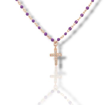 Ροζάριο απο ασήμι 925 επιχρυσωμένο με ροζ χρυσό & συνθετικές μωβ πέτρες (code FC010010)