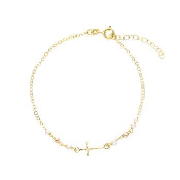 Βραχιόλι απο χρυσό κ9 με Σταυρό και μαργαριτάρια (code  S278043)