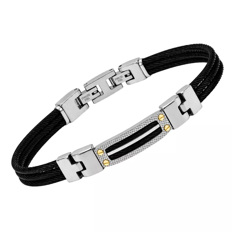 Φωτογραφία από Steel bracelet with micro-cast links, black PVD cable, and 18kt gold (0.08 g)
