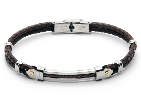 Φωτογραφία από Βραχιόλι από ανοξείδωτο ατσάλι και καφέ δέρμα με κεντρικό καφέ PVD και λεπτομέρειες από χρυσό 18 καρατίων HO034-1