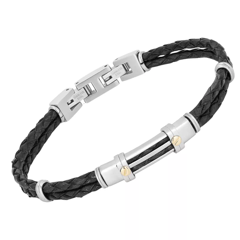 Φωτογραφία από Black PVD steel cable bracelet with a ribbed plate and 18kt gold (0.08 g)
