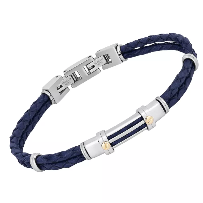 Φωτογραφία από Blue PVD steel cable bracelet with a ribbed plate and 18kt gold (0.08 g)