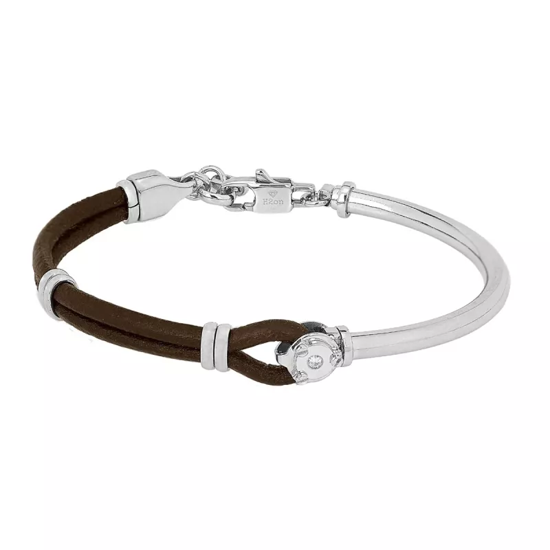 Φωτογραφία από Βραχιόλι από ανοξείδωτο ατσάλι με καφέ δέρμα, ροζ χρυσούς κρίκους και διαμάντι 0,015 καράτια HO050-1DM