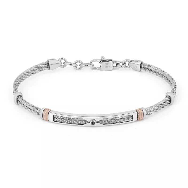 Φωτογραφία από Βραχιόλι από ανοξείδωτο ατσάλι, ροζ χρυσούς ραβδωτούς κρίκους και φυσικό μαύρο διαμάντι 0,025 καράτια ΗΟ052-0Β