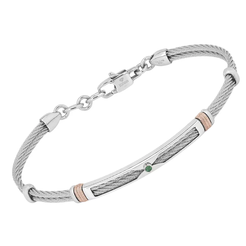 Φωτογραφία από Steel cable bracelet with ribbed rosé links and a 0.024 ct natural emerald