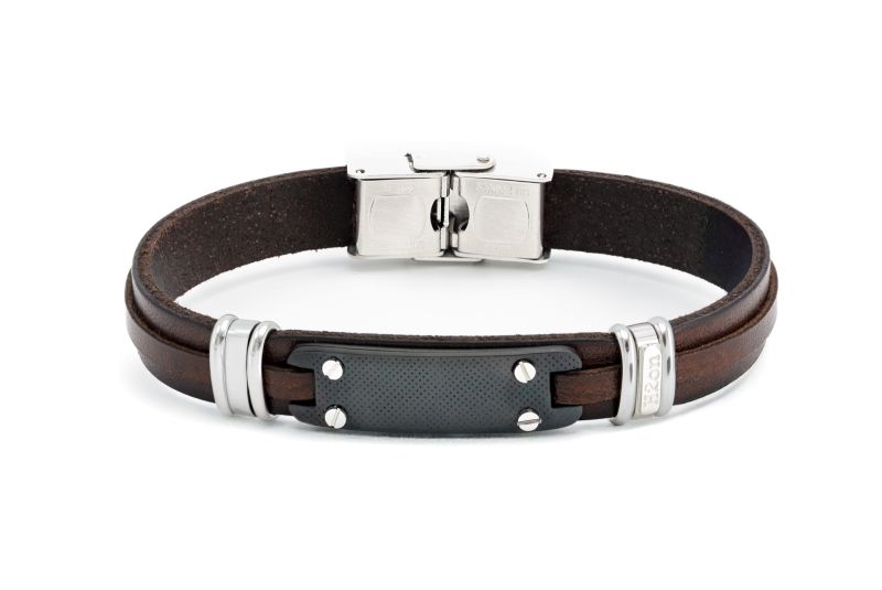 Φωτογραφία από Βραχιόλι από ανοξείδωτο ατσάλι και καφέ δέρμα, με κεντρική πλάκα από ατσάλι PVD  HO111-11