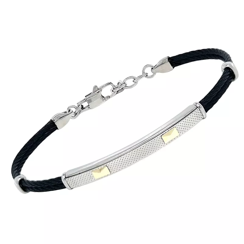 Φωτογραφία από Black PVD steel cable bracelet with a ribbed plate and 18kt gold (0.08 g)