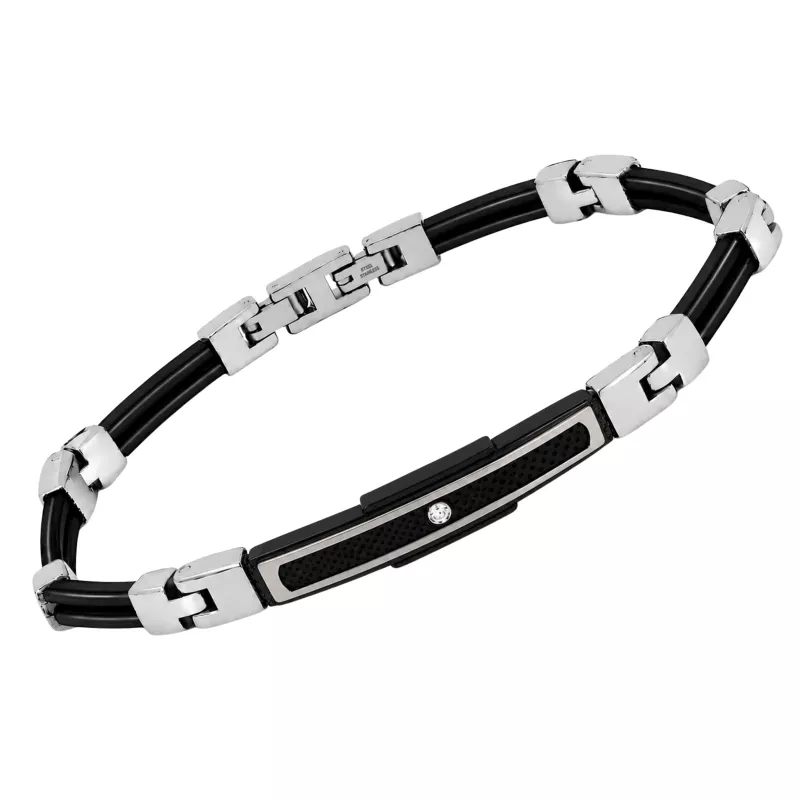Φωτογραφία από Black PVD steel bracelet with micro-cast links and a plate featuring a 0.015 ct natural diamond   