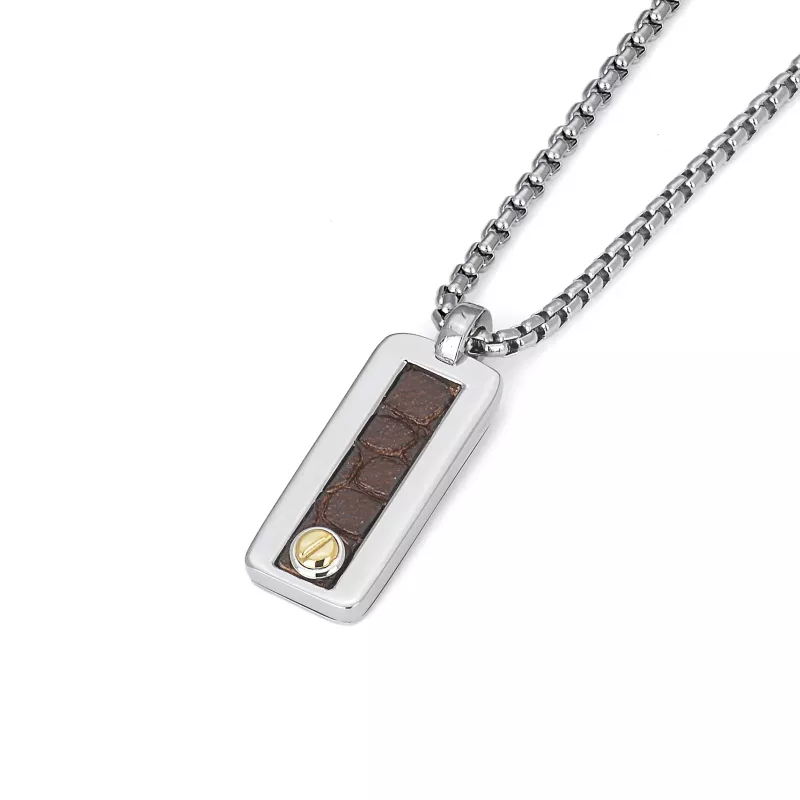 Φωτογραφία από Steel necklace with textured leather and an 18kt gold screw (0.03 g)