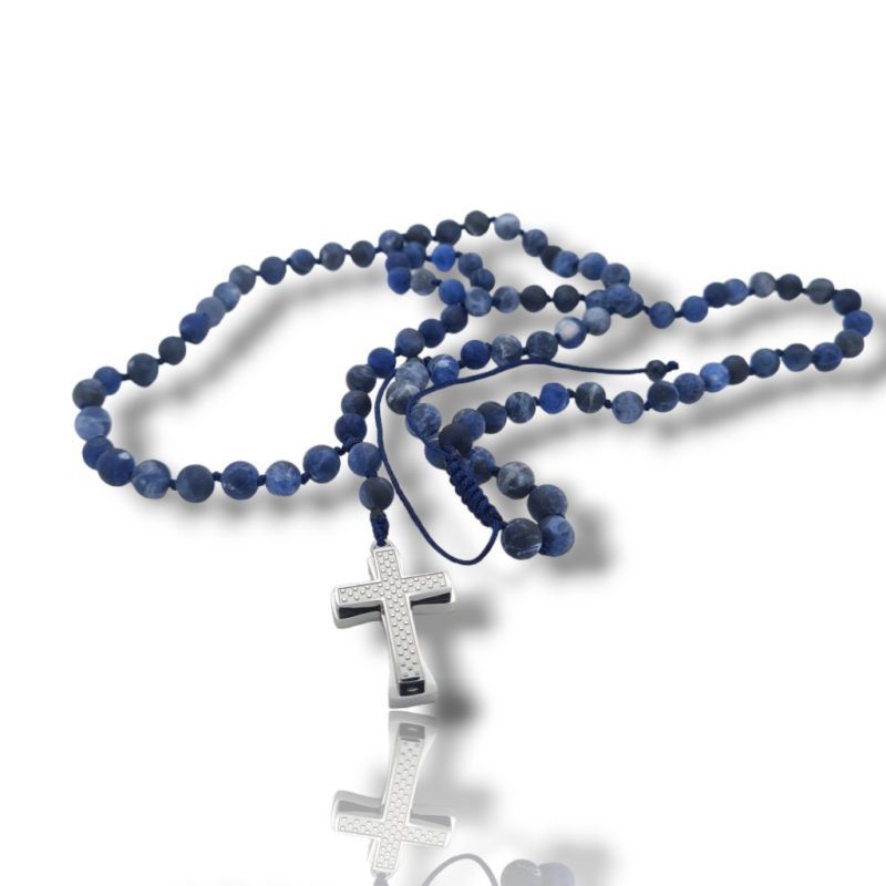 Φωτογραφία από Ροζάριο με Σοδαλίτη (Sodalite) και ατσάλινο σταυρό (code KT2621)