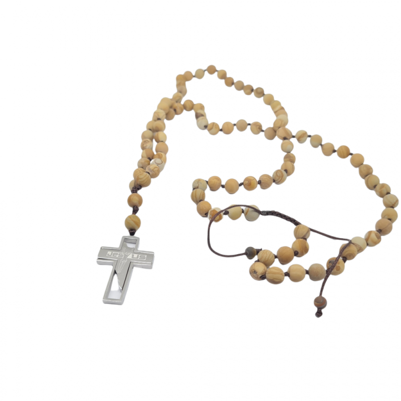 Φωτογραφία από Ροζάριο με  Jasper wooden  και ατσάλινο σταυρό (code KT2276)