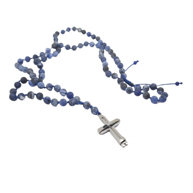 Φωτογραφία από Ροζάριο με Σοδαλίτη (Sodalite) και ατσάλινο σταυρό (code KT2278)