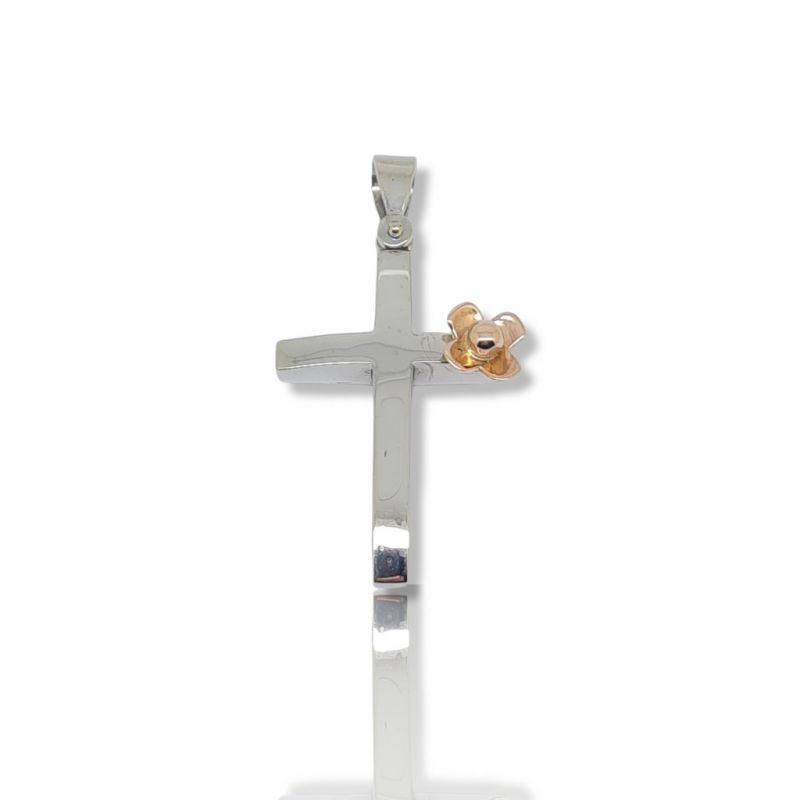 Φωτογραφία από Croce in oro bianco k14 con fiore in oro rosa (code H1869)