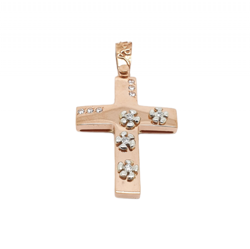 Φωτογραφία από Croce in oro rosa k14 con fiori in oro bianco e zirconi cubici (code H1685)