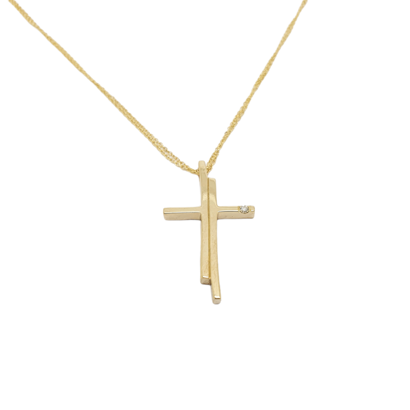 Φωτογραφία από Golden asymmetrical cross (with chain) k14 with diamond (code H1727)