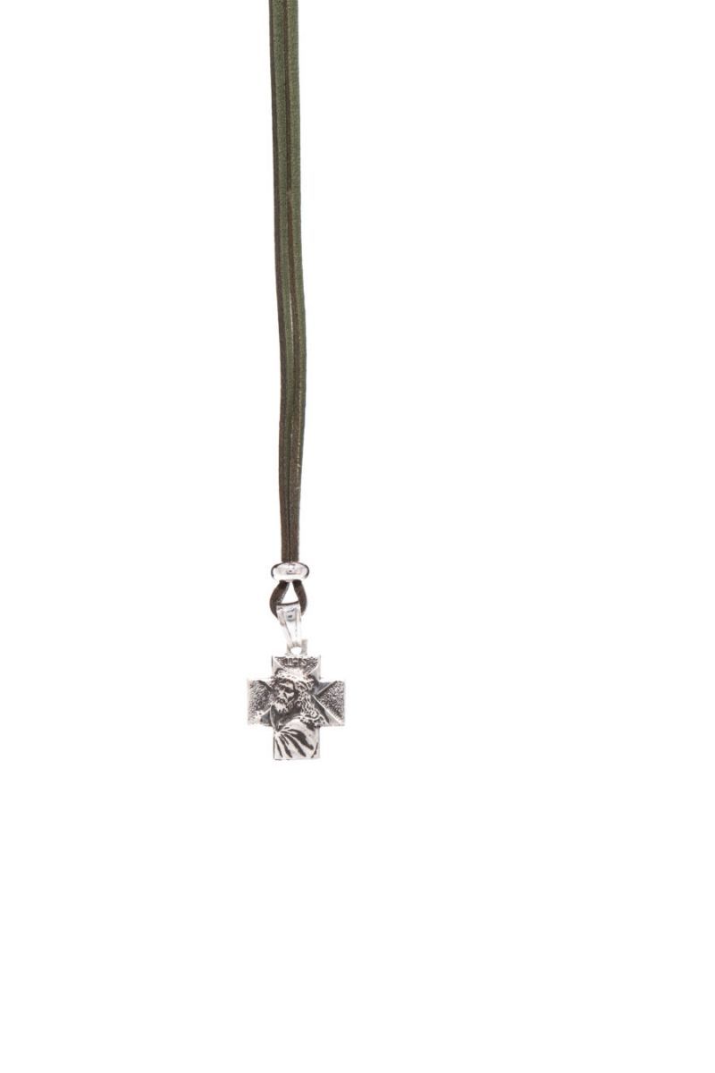 Φωτογραφία από Cross necklace in rhodium-plated 925° silver with green cord (AGI 325/C-VE)
