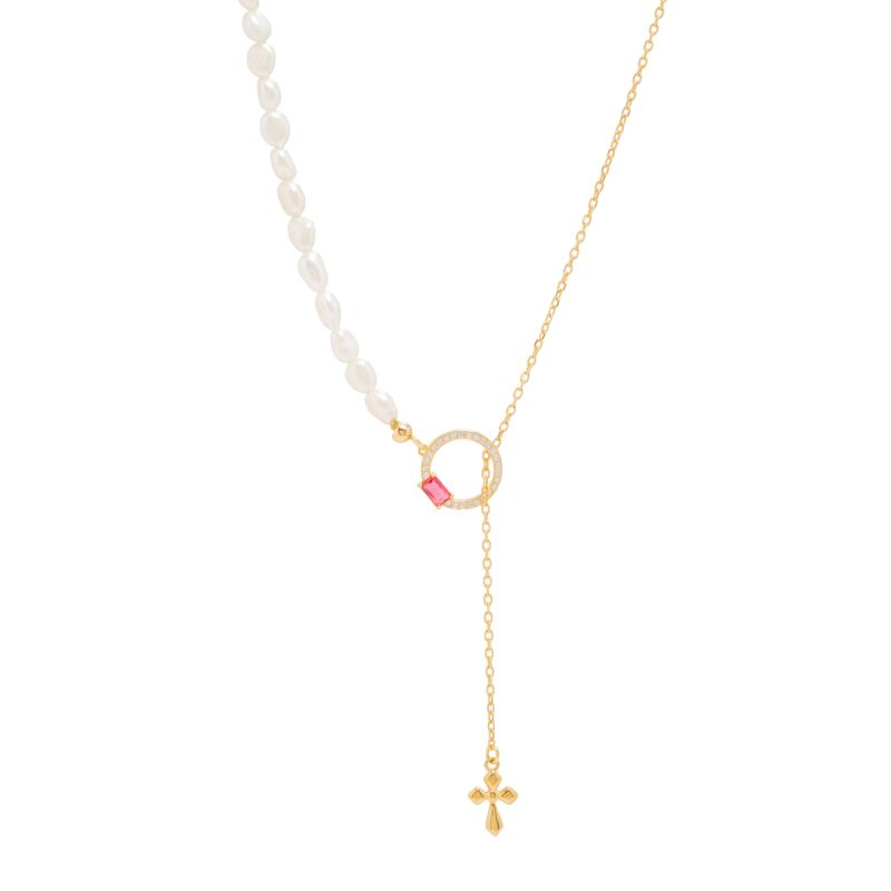 Φωτογραφία από Κολιέ επιχρυσωμένο με πέρλες και ζιργκόν, με σταυρό (code BEN391/CZR)