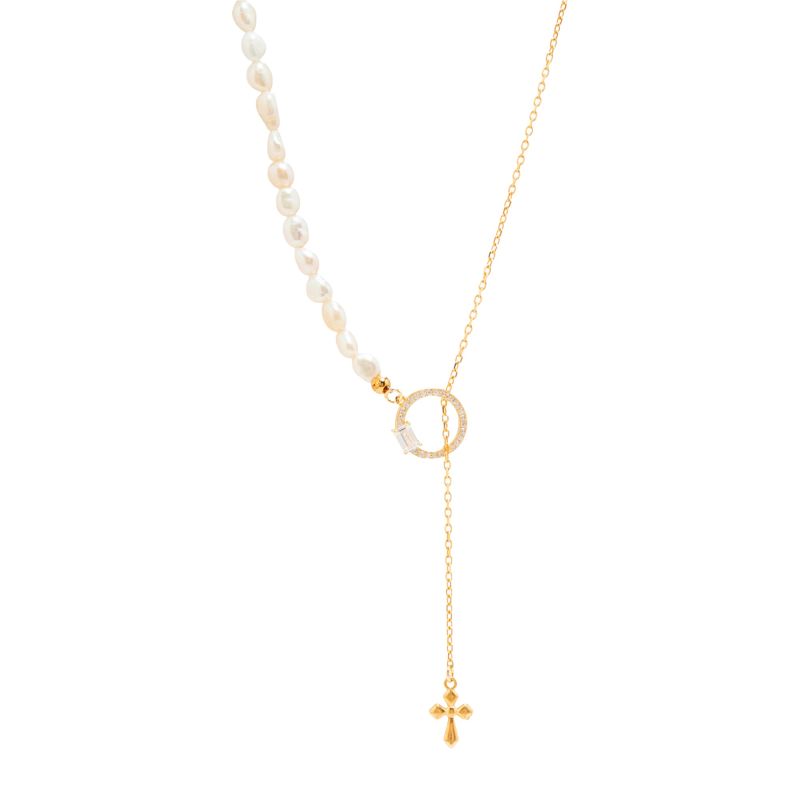 Φωτογραφία από Κολιέ επιχρυσωμένο με πέρλες και ζιργκόν, με σταυρό (code BEN391/CZB)