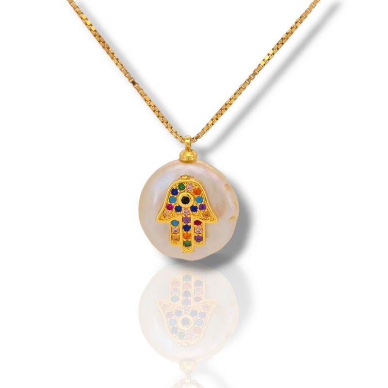Φωτογραφία από Pearl necklace gold plated with colorful fatima hand (code:FC006411)