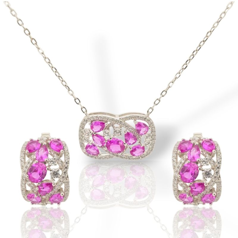 Φωτογραφία από Ασημένιο Επιπλατινωμένο Σετ Κολιέ και Σκουλαρίκια με Ζιργκόν σε Ροζ και Λευκό (M2831)
