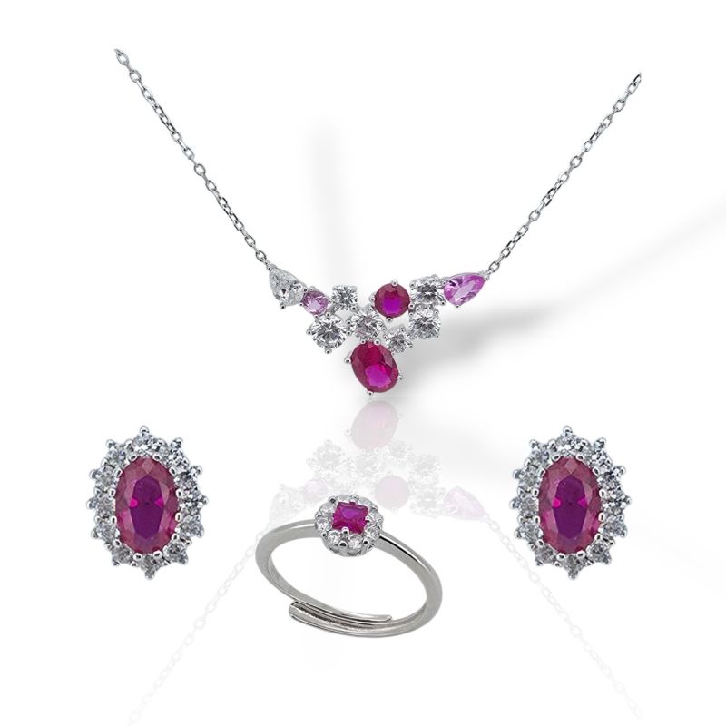 Φωτογραφία από Ασημένιο Επιπλατινωμένο Σετ Κολιέ και Σκουλαρίκια με Ζιργκόν σε Ροζ και Λευκό (Μ2837)