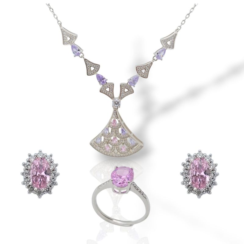 Φωτογραφία από Ασημένιο Επιπλατινωμένο Σετ Κολιέ και Σκουλαρίκια με Ζιργκόν σε Ροζ και Λευκό (M2833)