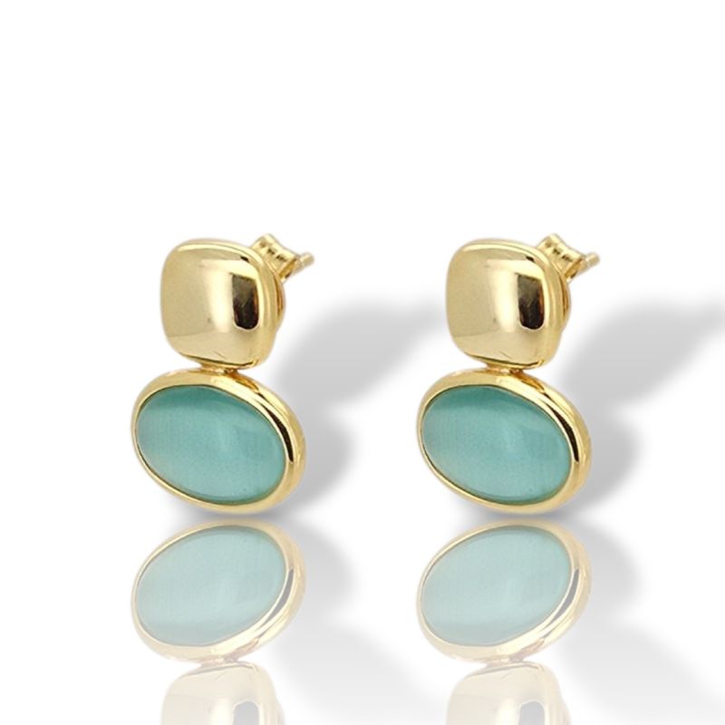 Φωτογραφία από Επίχρυσα Ασημένια Σκουλαρίκια με Πράσινο Μάτι της Γάτας (code FC013660)